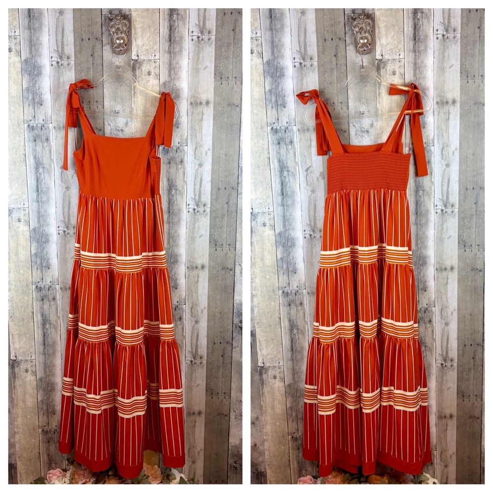 A Loves A Square Neck Teired Maxi Dress in Burnt Orange Stripe Size Small. - Picture 9 of 10